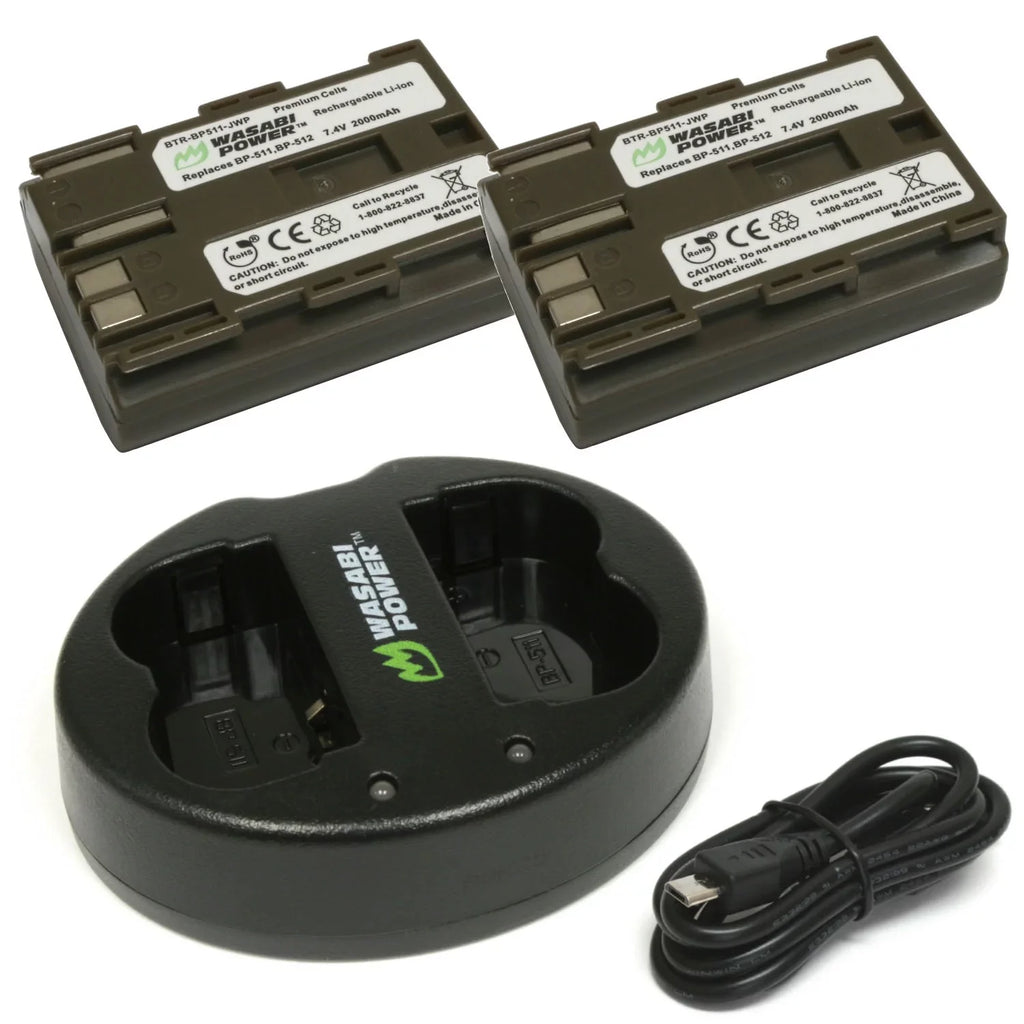 Power Battery BP-511, BP-512, BP-514 Canon Wasabi for (2-Pack) BP-511A, Dual Charger and