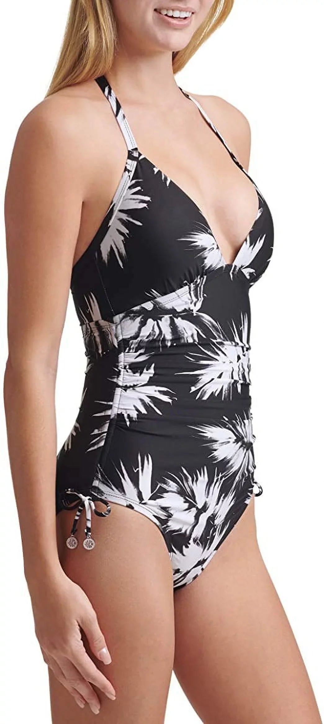 Printed Swimsuit, DKNY 18 Black/White, Adjustable Halter One-Piece Womens Side