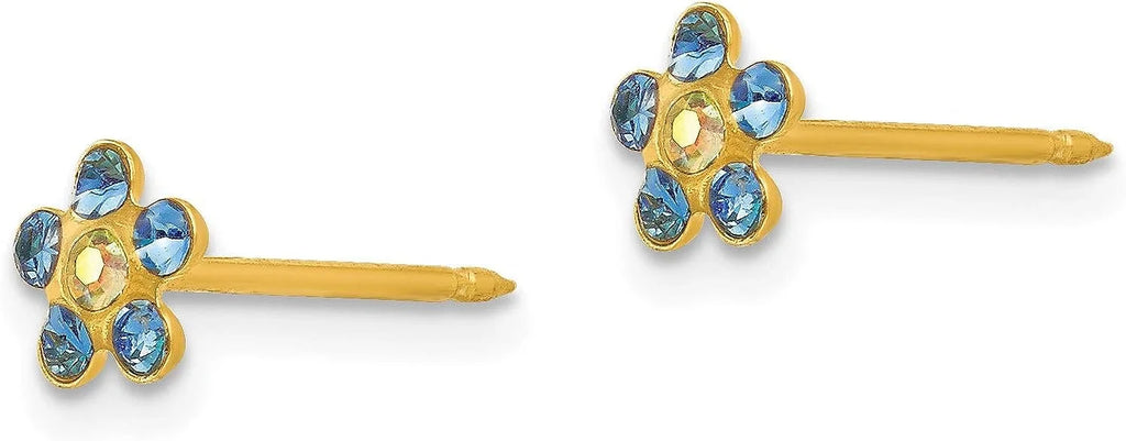 Crystal Inverness Yellow Earrings Solid Flower Gold 5mm Borealis Blue/Aurora 14k -