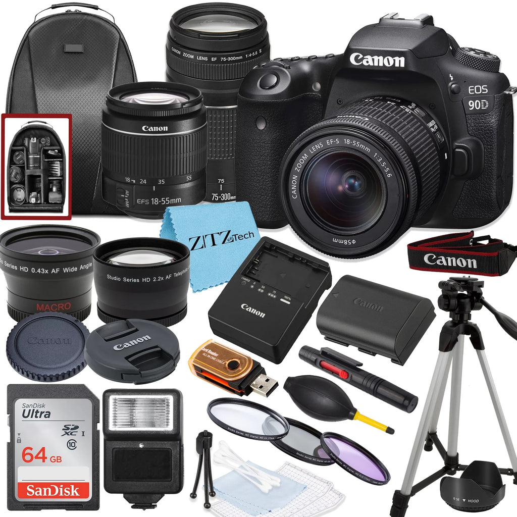 64GB Tripod DSLR 90D EOS Camera Accessory Card, 18-55mm, Bundle Lens, SanDisk Canon and ZeeTech 75-300mm Backpack, with Flash,