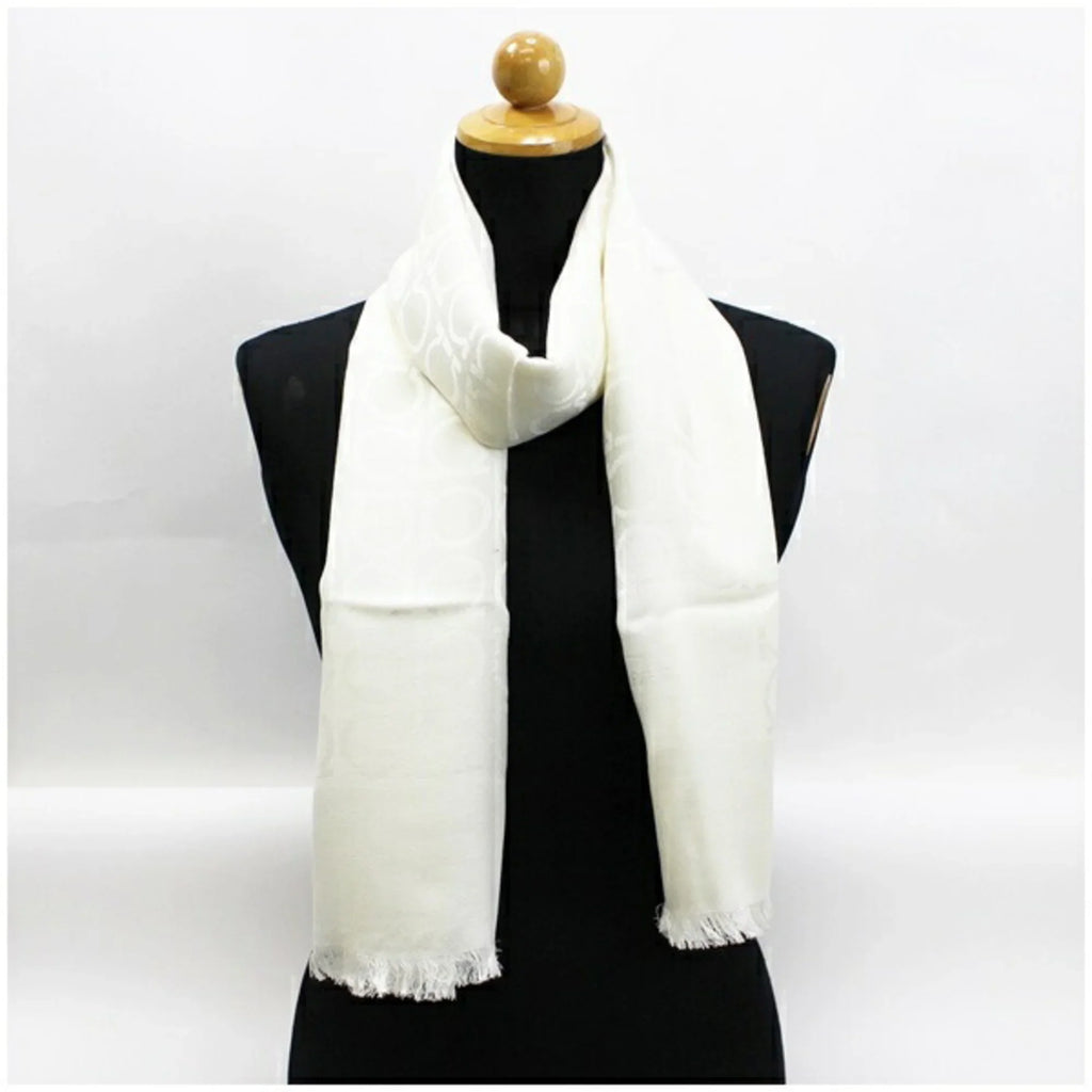 Pre-Owned (Good) wool AB stole rank Ferragamo Gancini x ladies SALVATORE FERRAGAMO silk Salvatore white pattern