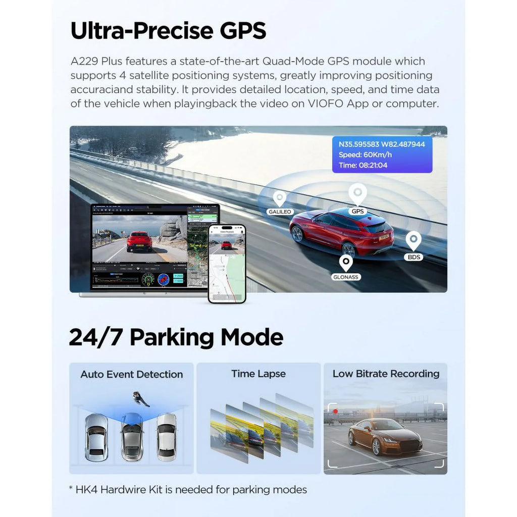 STARVIS Mode, 2-Channel 2K/2K Cam Dash Wi-Fi, Control, Support with Max 2, VIOFO QHD Voice Parking Plus 512GB A229 GPS,