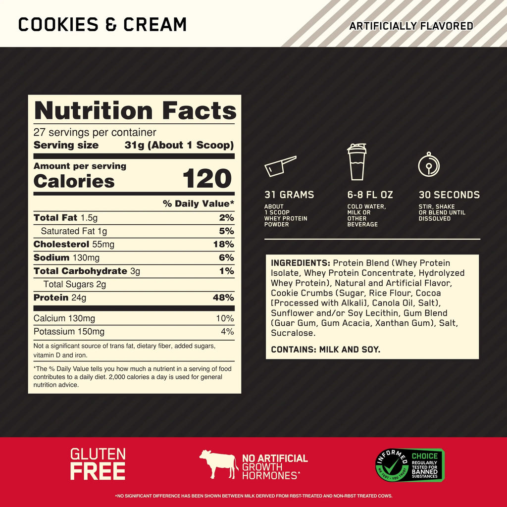 27 Optimum Whey & g Gold Protein Standard Protein, lb, Servings 1.85 Powder, Nutrition, Cream, 100% Cookies 24