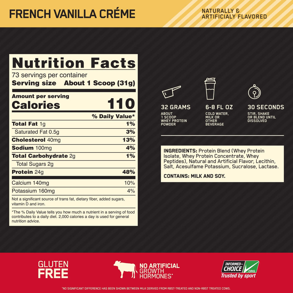 Standard Creme, Optimum Powder, Nutrition, 5 lb, Protein Whey Servings 73 Vanilla French Gold 100%