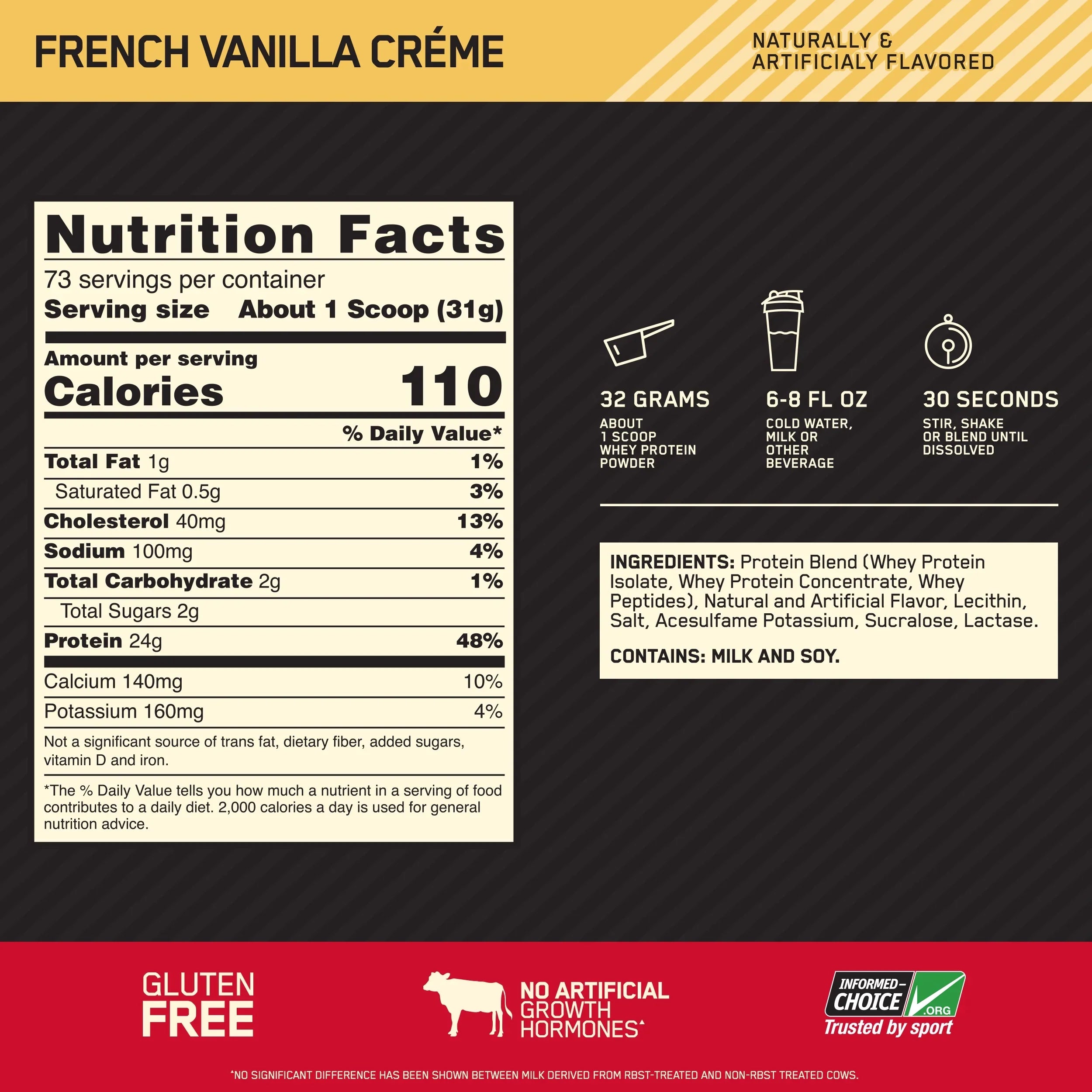Standard Creme, Optimum Powder, Nutrition, 5 lb, Protein Whey Servings 73 Vanilla French Gold 100%