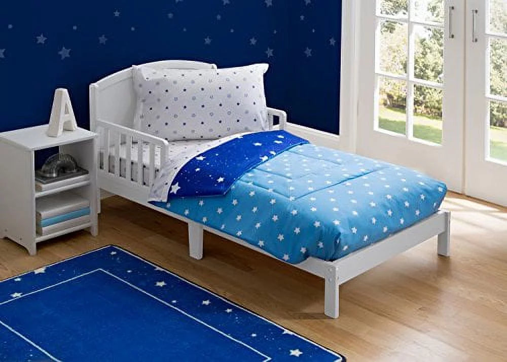 Toddler bottom, Collection | | bottom, | Piece | Comforter Night Children Boys Elastic Top Stars w/ Delta Pillowcase Fitted w/ Bedding Set Blue Elastic Flat 4 Fitted Boys Sheet Sheet, Starry |