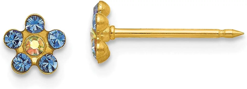 Crystal Inverness Yellow Earrings Solid Flower Gold 5mm Borealis Blue/Aurora 14k -