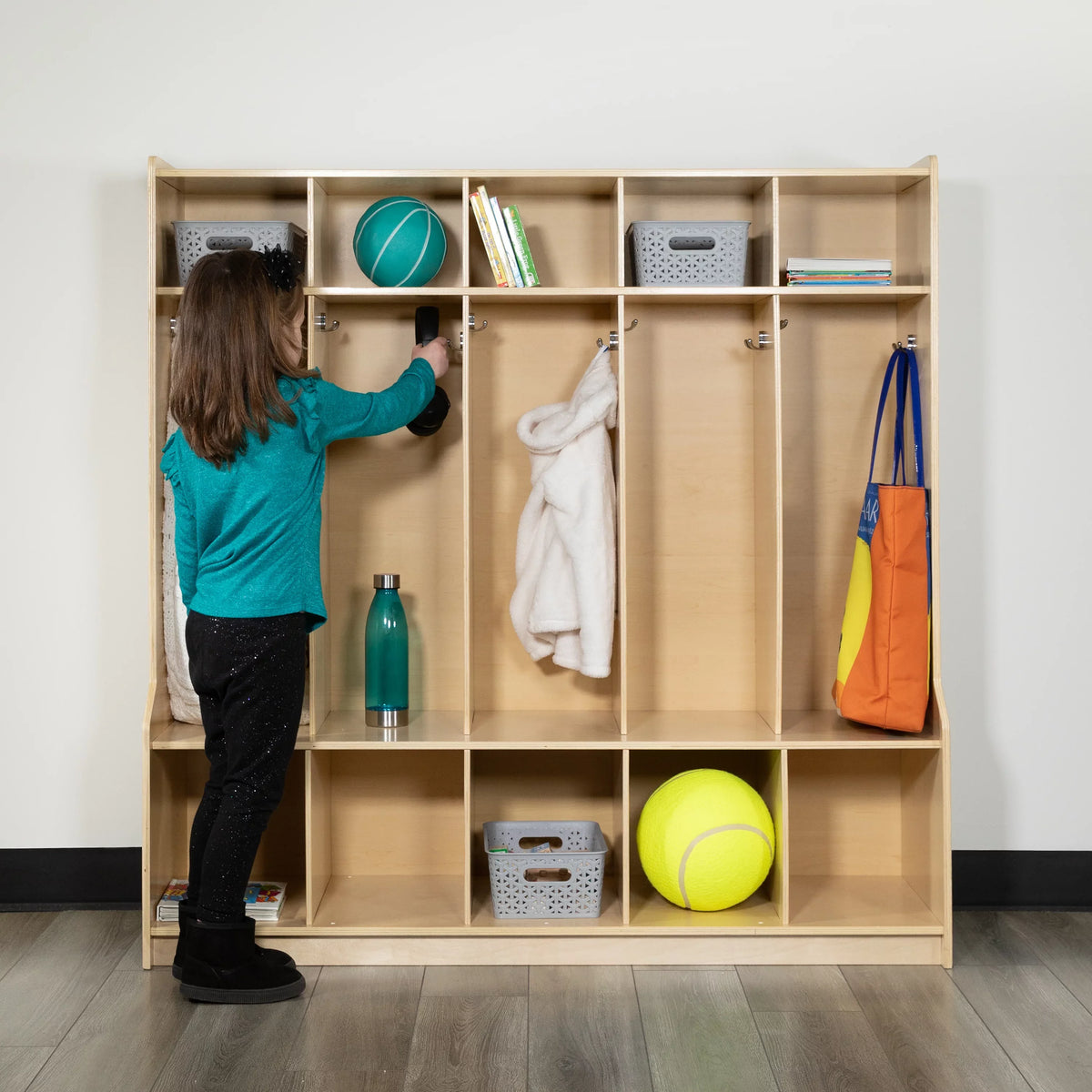 Cubbies, - Kid 48"L Storage Bench, and Friendly Wooden Design (Natural) 48"H BizChair Organizer School Section Hook-Safe, with x 5 Coat Locker
