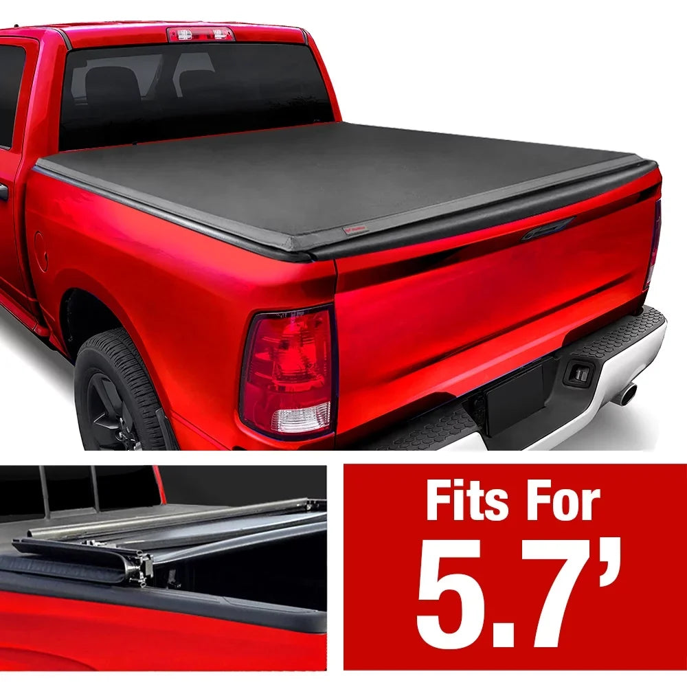 Dodge 1500; MaxMate 5'7" 2009-2018 Quad-fold | Bed Bed TCD484015 Classic Ram 2019-2023 Compatible Soft | Tonneau Cover (67") with Truck