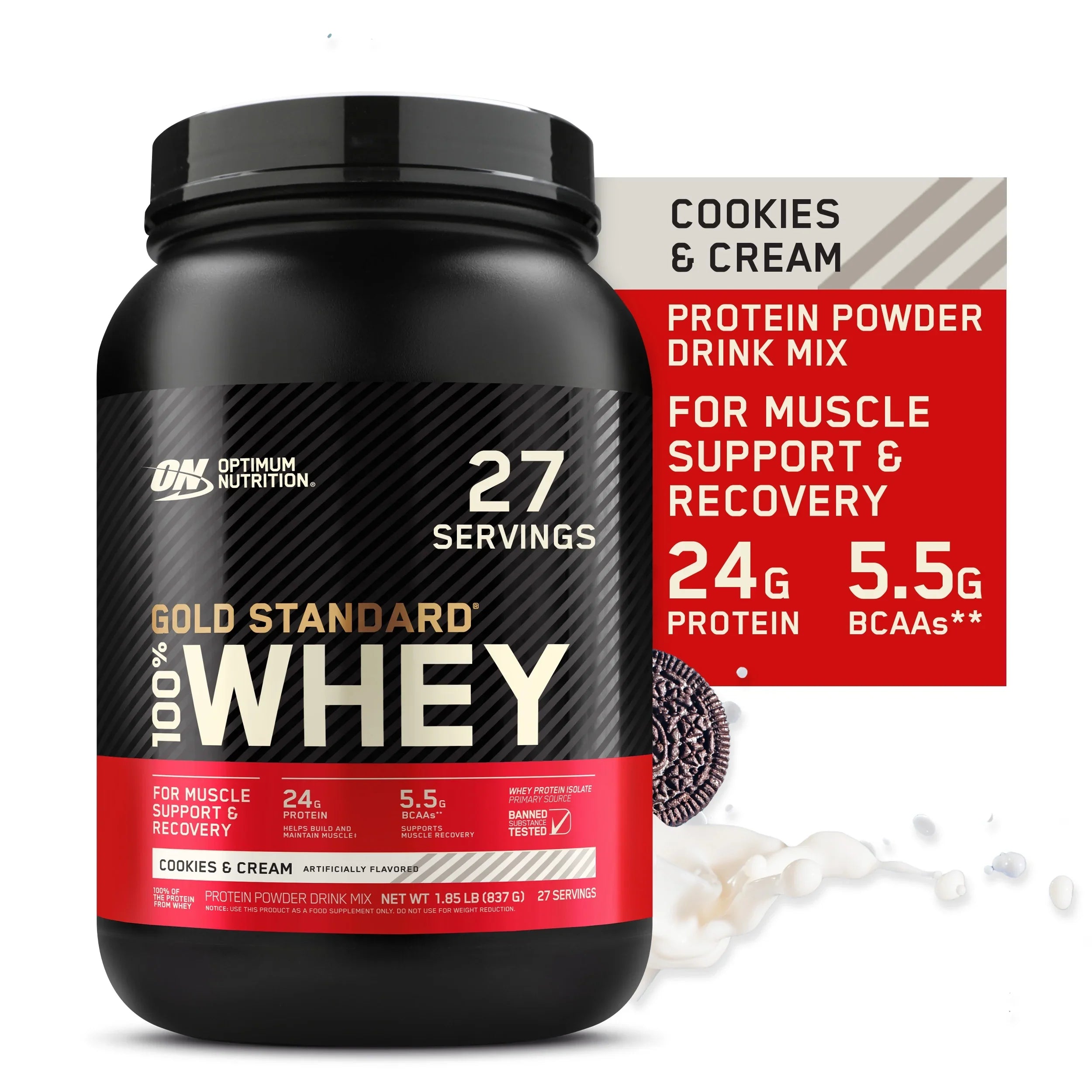 27 Optimum Whey & g Gold Protein Standard Protein, lb, Servings 1.85 Powder, Nutrition, Cream, 100% Cookies 24