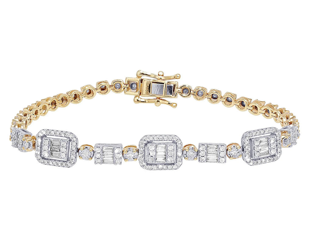 3MM Set 7" n CT Illusion Toni Diamond 1.30 Gold Cluster Baguette Halo Yellow-White Bracelet