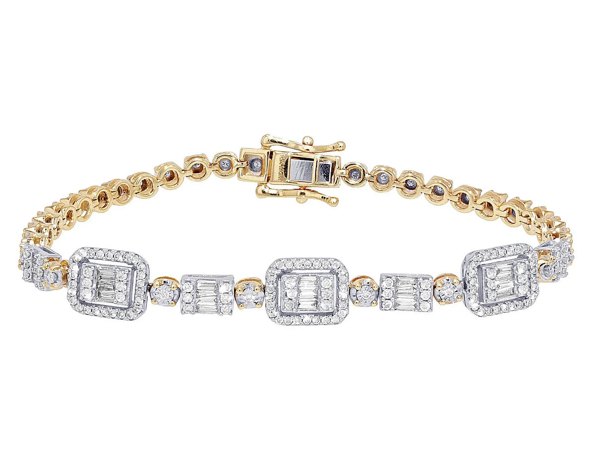 3MM Set 7" n CT Illusion Toni Diamond 1.30 Gold Cluster Baguette Halo Yellow-White Bracelet