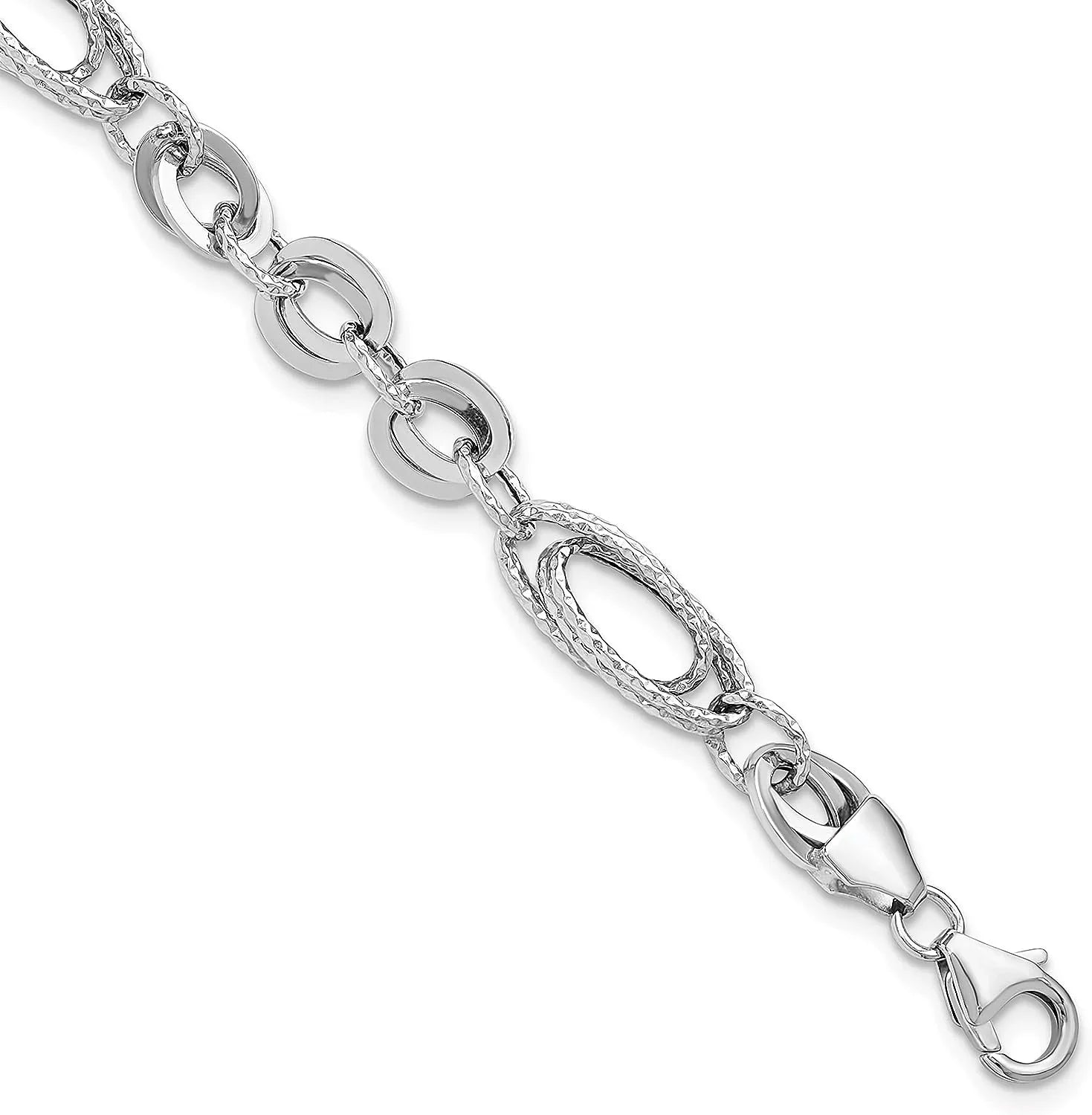 Oval Polished White Avariah Gold Fancy Italy Bracelet Textured 7.75"- 14k Made Diamonds Link In - &