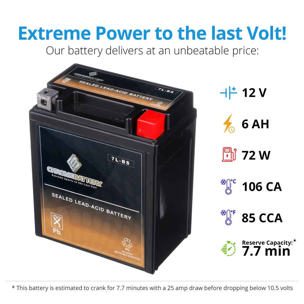 for 12 Kawasaki (7l-bs Kl250 Super 2000 Ah, Sherpa Chrome Battery Volts,6 Cca) Motorcycle Battery Ytx7l-bs 75 250cc