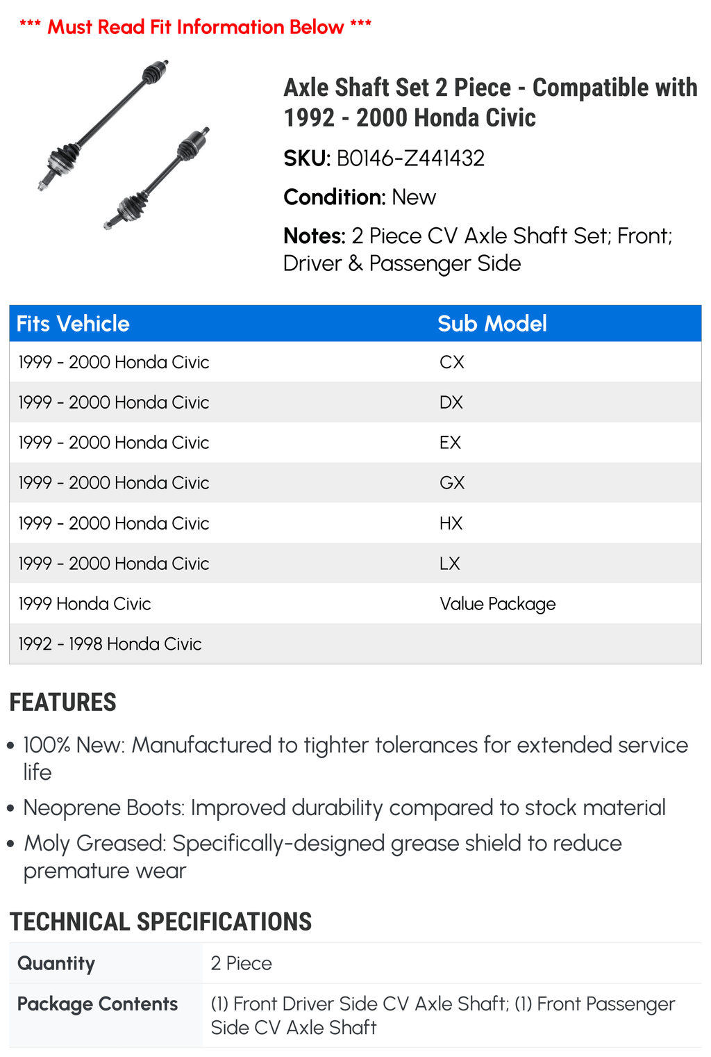 1998 2 Honda Set with Compatible 1996 1997 Axle 1993 - 1995 - 1999 1992 2000 Civic 1994 Shaft Piece