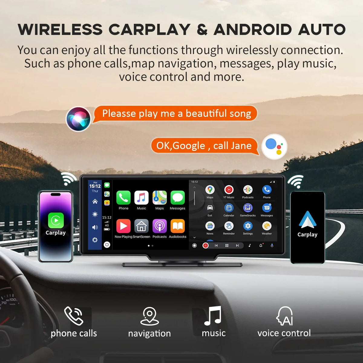 Herilary Stereo with Adapter Cam, Wireless Carplay Screen Mirror Car Apple Android Car Carplay Play 2.5K Dash Auto Link/Siri/Wifi/Bluetooth/Double Wireless 10.26" Screen Din Touch