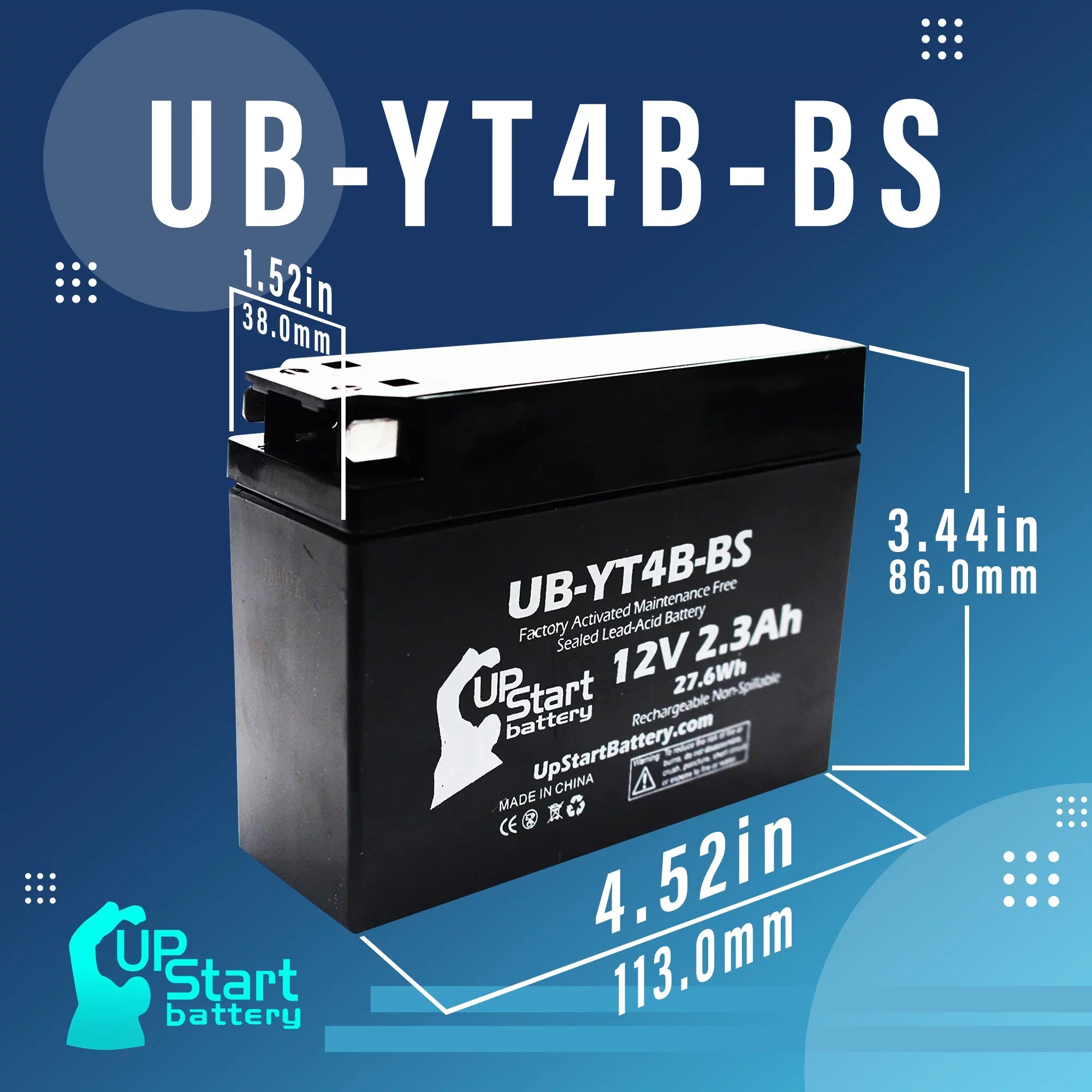 '- Factory 12V, Motorcycle for Battery UB-YT4B-BS Yamaha 4-Pack 400CC Maintenance SR400 2.3Ah, UpStart Free, Activated, Replacement 2004 Battery