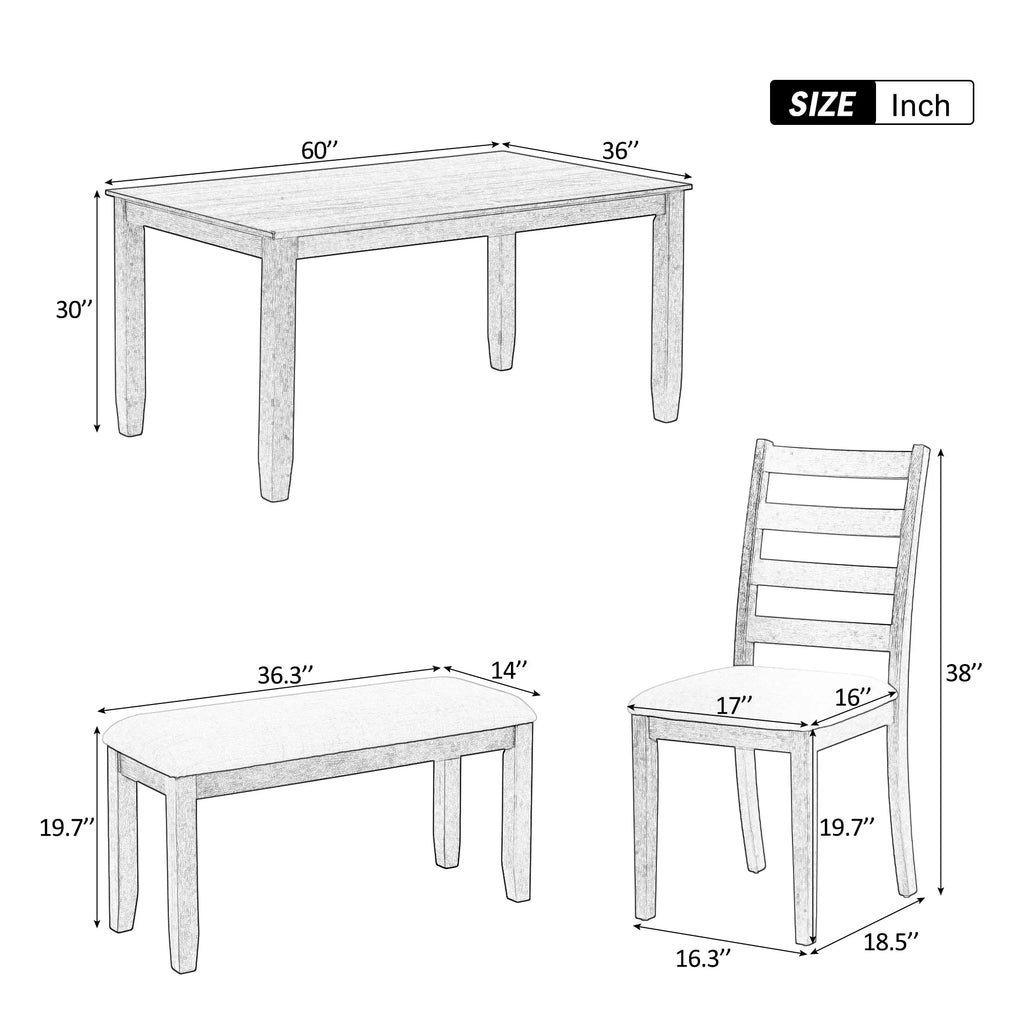 Rustic Upholstered With A 4 CoSoTower Whitewash Table Style Chairs Brown 6-Piece Dining & + Bench, Set Room