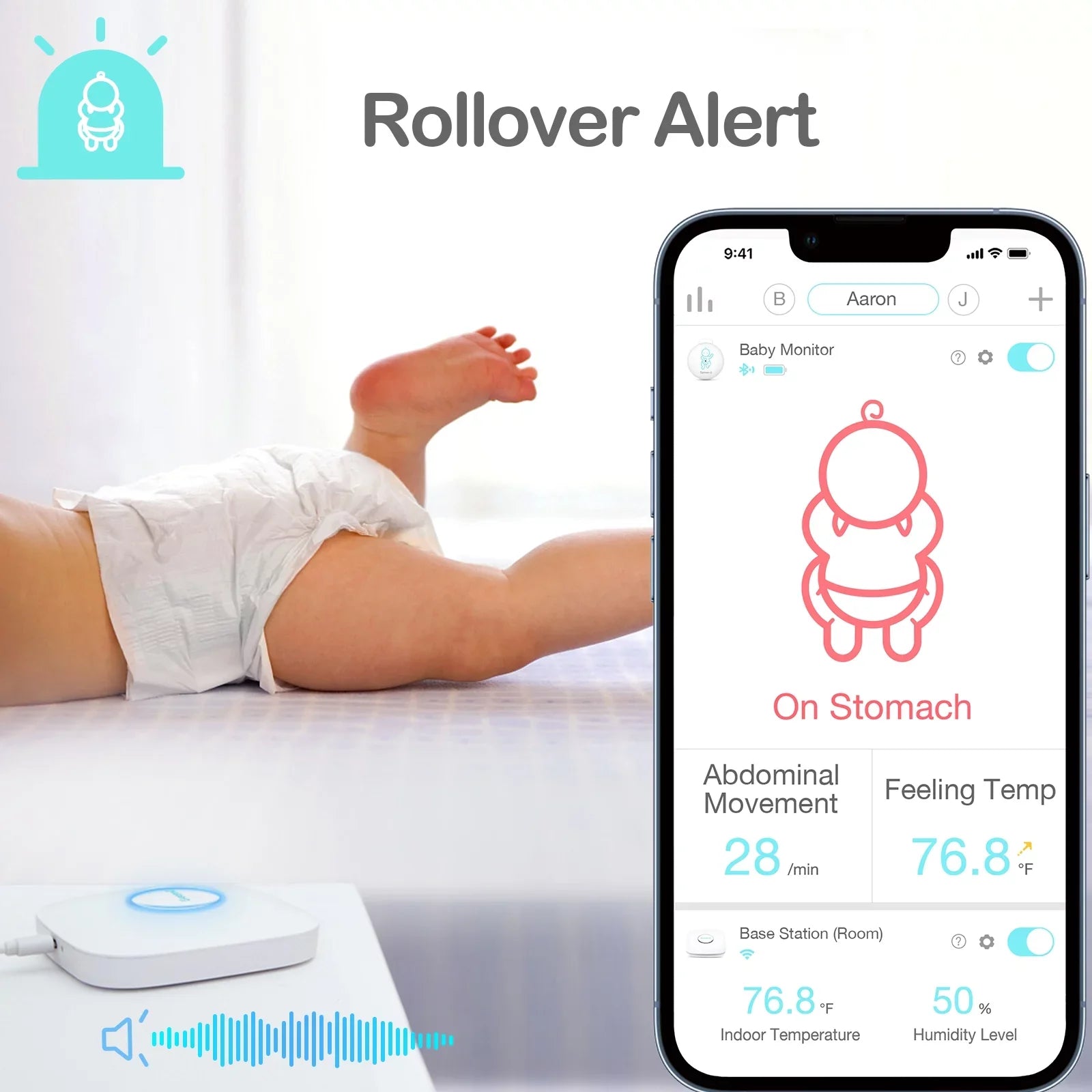 Movement Anywhere, Sense-U Movement, and Base and Position Smart on Sleeping Abdominal - Anytime, Baby's Monitor Baby Abdominal Green Tracks Humidity - Station Temperature, Smartphone Rollover,