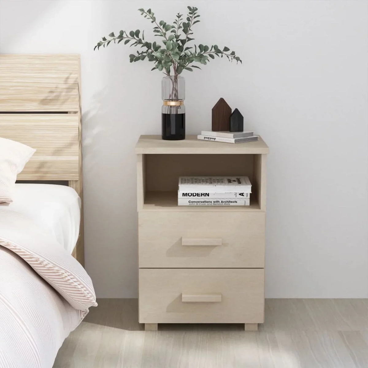 Honey HAMAR Brown 15.7"x13.8"x24.4" Bedside Cabinet Solid Htovila Pine Wood