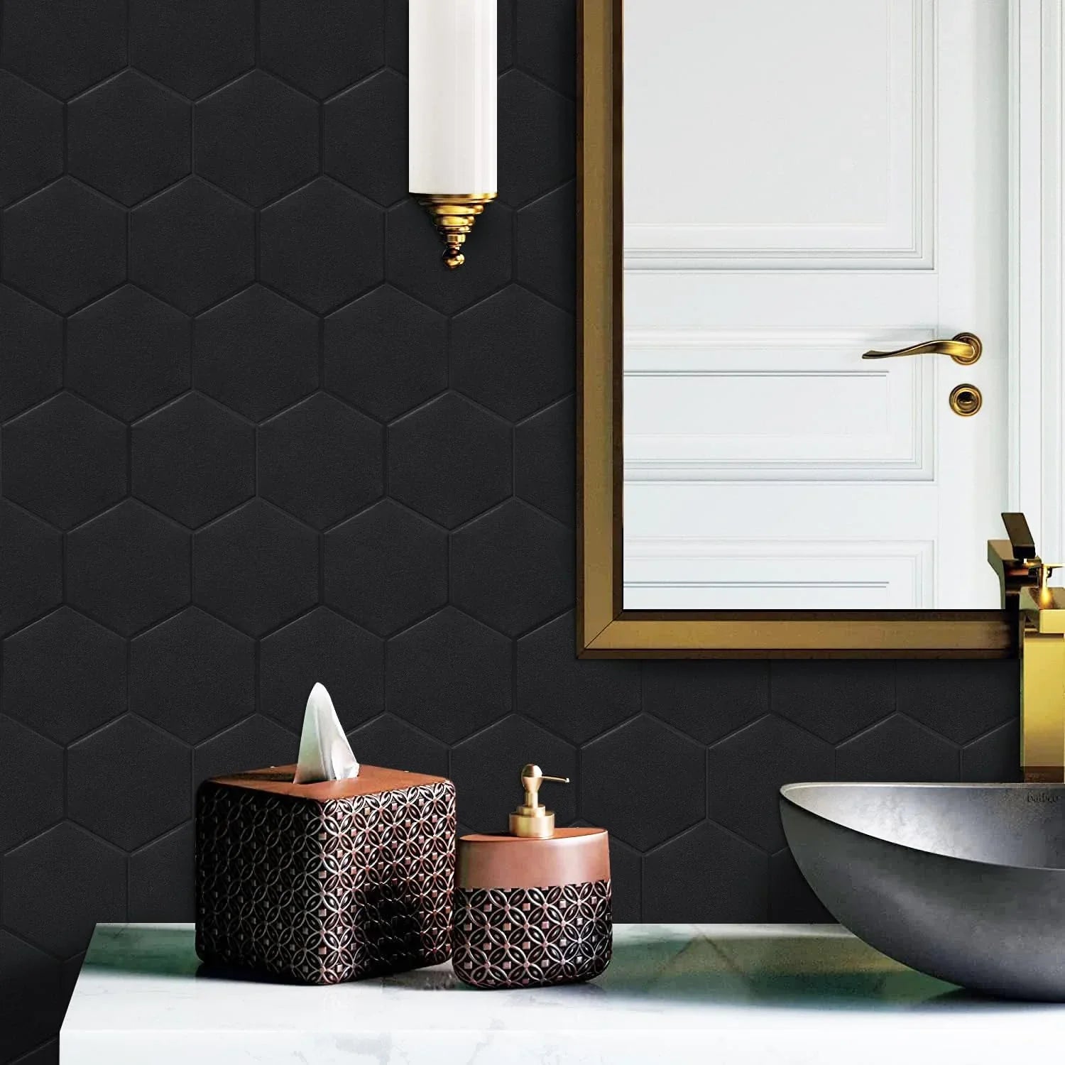 Real and Self Matte Black Tiles Bathroom(11.57''x10.35'',10-Sheet) Hexagon Big Adhesive 3D Stick Kitchen Peel PET Backsplash for