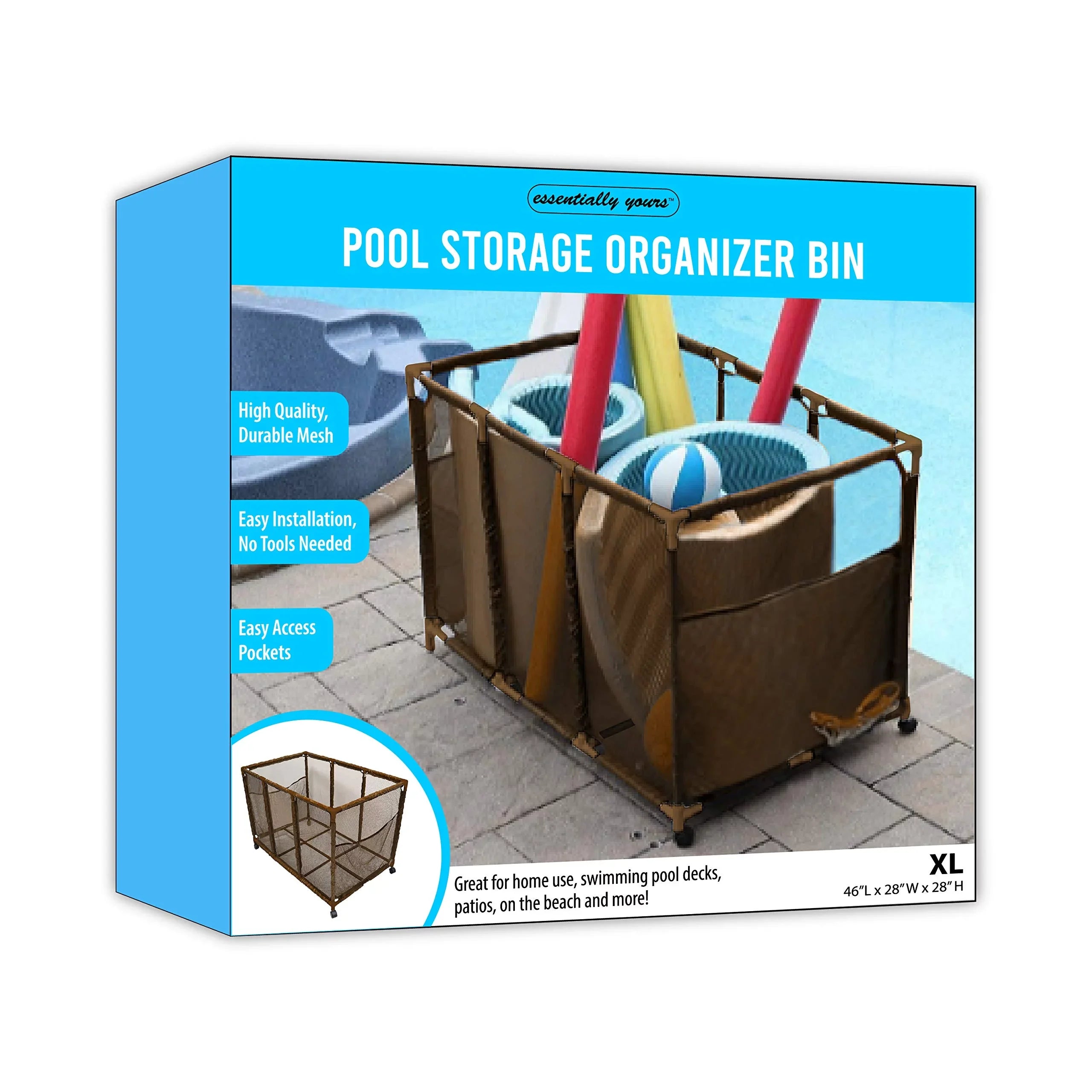 Kids Essentially 28" and Balls, Equipment Noodles Pool (43" x Brown Mesh Storage L 25" x Yours Rolling Style Organizer Toys, Holder, W Floats Large, 563009 Height, Bin, H),