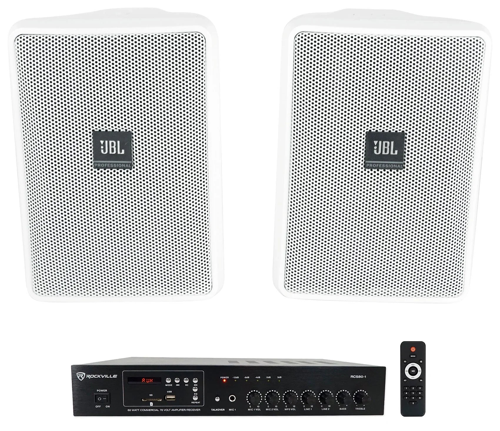 23-1 Control Indoor/Outdoor Amp 70v Commercial White + Speakers 3" JBL (2) Wall