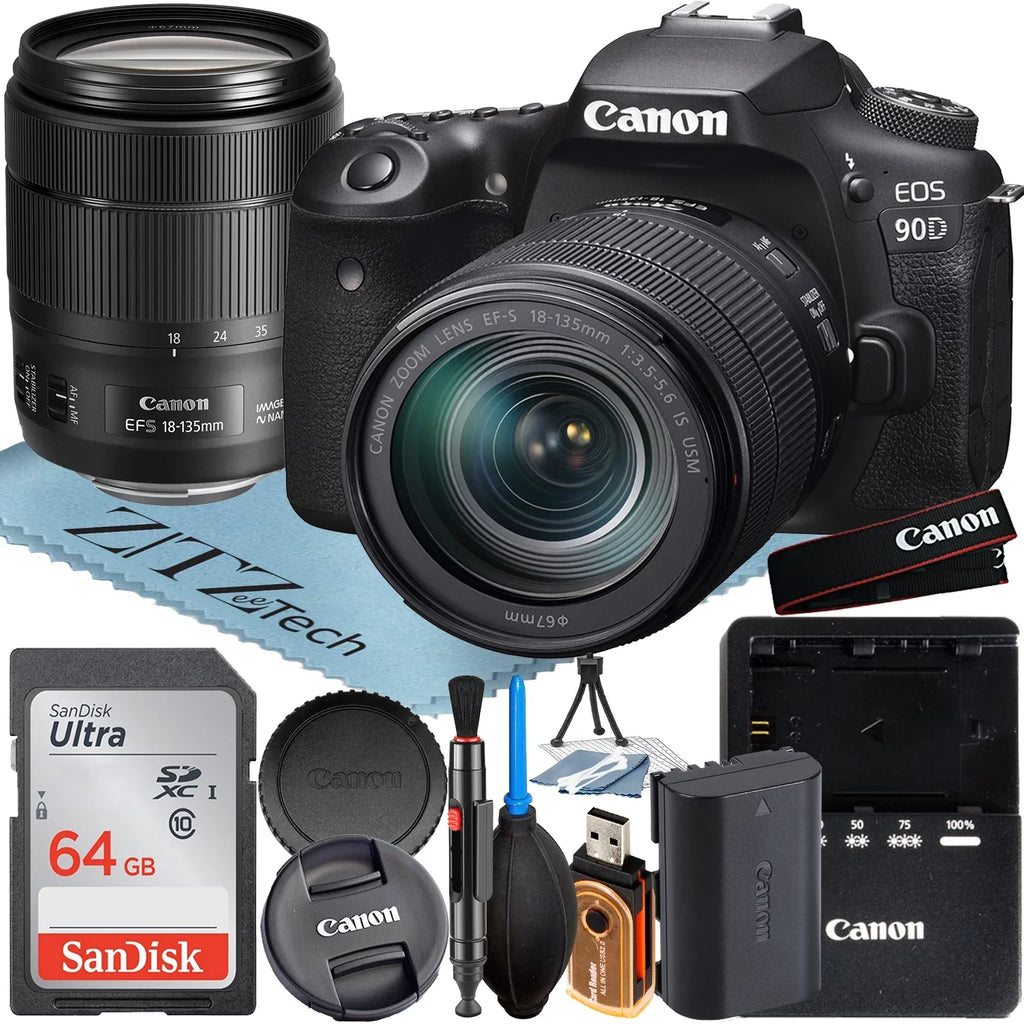 Canon Memory ZeeTech Camera DSLR + 64GB + Bundle SanDisk Card 18-135mm Lens with Accessory USM IS 90D EOS