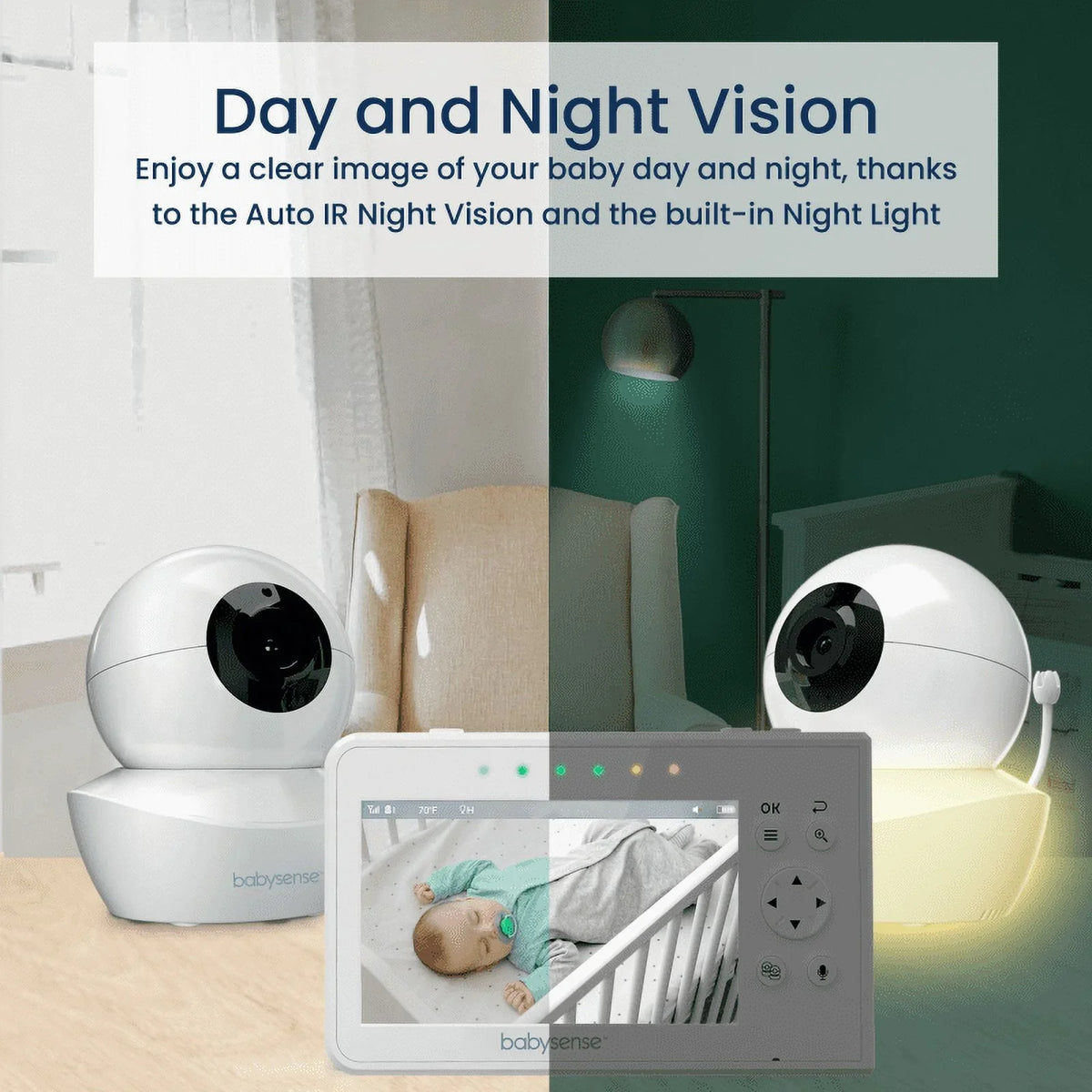 Two-Way Vision, Video Light Babysense with Screen Monitor, 4.3" Split Display Talk, & 2 PTZ Cameras, Long Range, Night V43 Baby