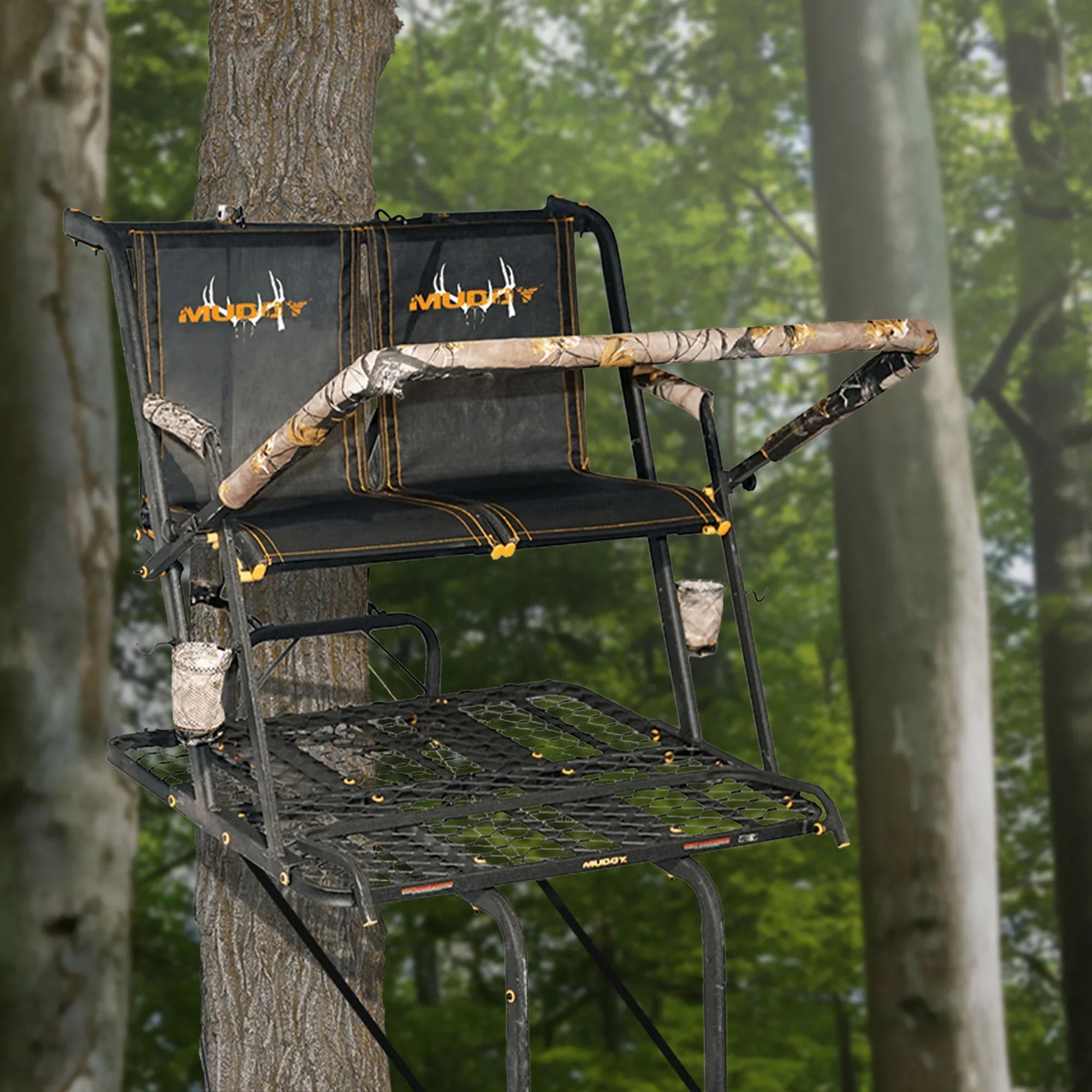 MLS2601 2 Ladder Tall Stand Hunting Tree 20 Ft Muddy Deer Nexus XTL Person