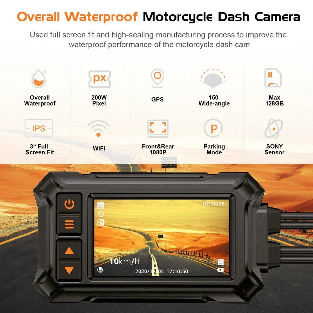 Dash Motorcycle A12 GPS Waterproof Vision Rear Front WIFI 1080P 3" Night Camera