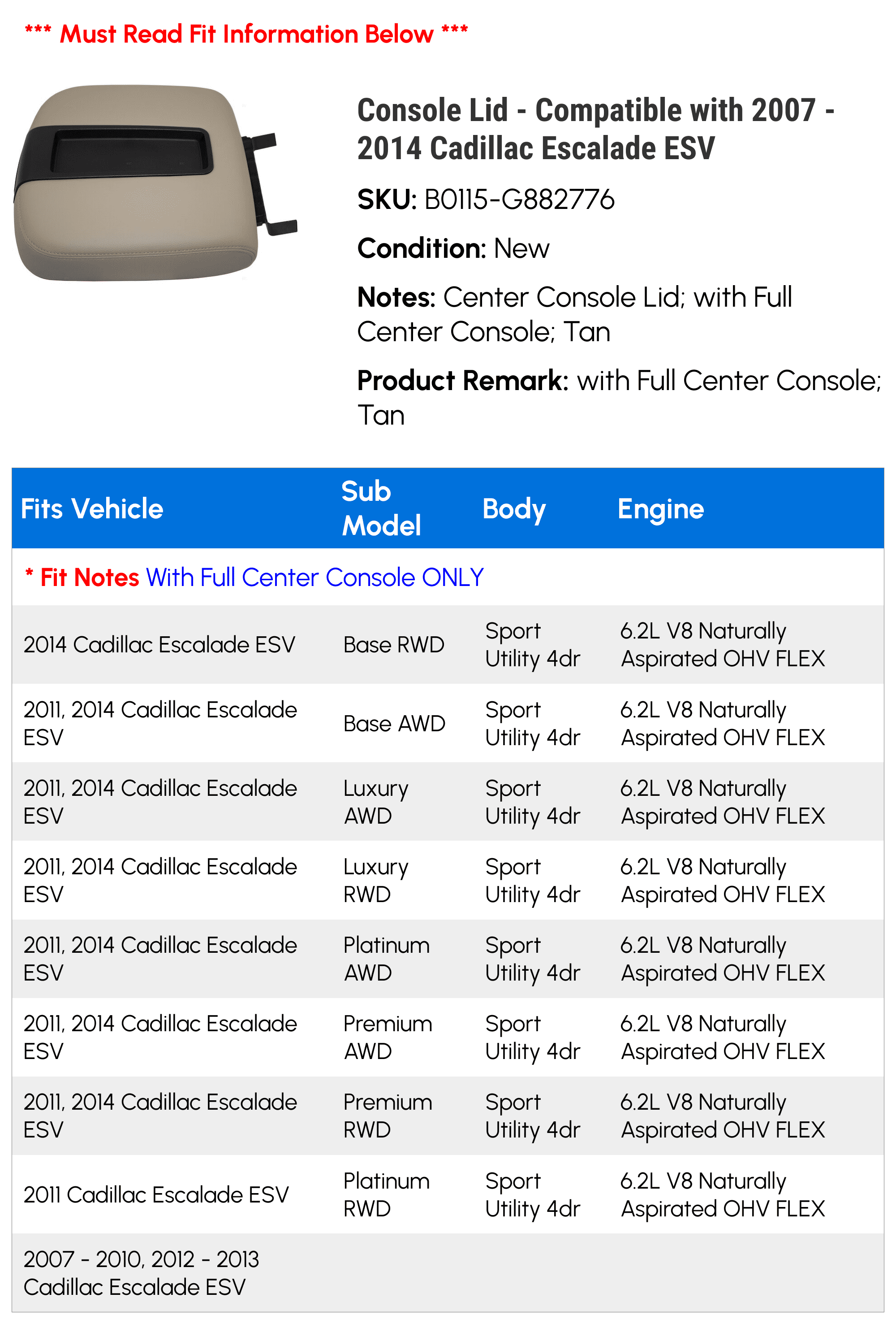 Escalade Lid 2011 2012 Console 2009 Compatible 2007 2014 - Cadillac ESV with 2010 - 2013 2008
