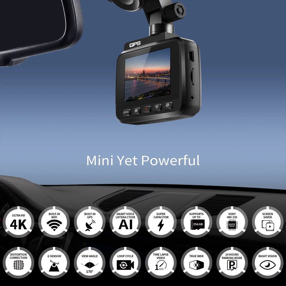 Driving 2160P & FHD Built-in 170° 4K Car for Recording, Rear Recorder Cam G-Sensor, Angle and Dash Camera, WDR, Monitor, Cam Night Parking Cars, Front with GPS Wide WiFi with Vision, Dash Loop