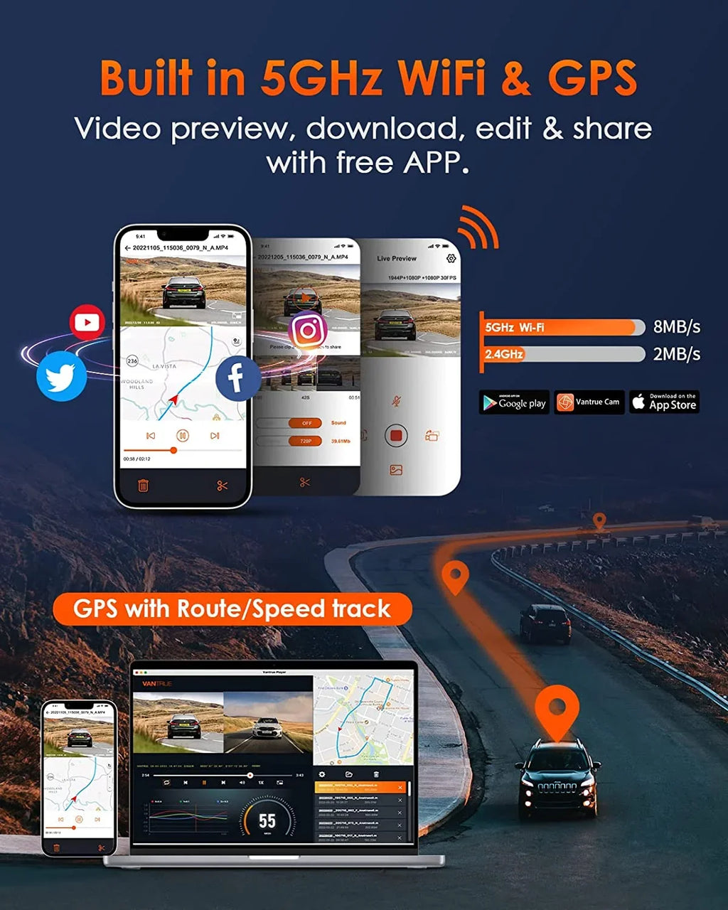 E3 Parking WiFi Vision, Triple Mode, Rear IR 1944P+1080P+1080P 512GB STARVIS Support Cam with GPS Hours Control, Night Way Camera Voice 3 2.5K 24 Dash and Channel Vantrue Front Dash 3 Max Inside,