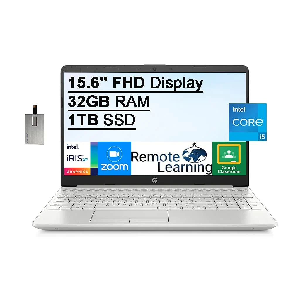 10, i5-1135G7(Beats Intel Speakers, DDR4 Graphics, 2021 Iris Intel 12GB 11th RAM, Silver, Gen HD HP Webcam, USB 512GB 32GB Laptop 15.6 Card PCIe FHD Computer, Windows SSD, Core i7-1065g7), Stereo Xe