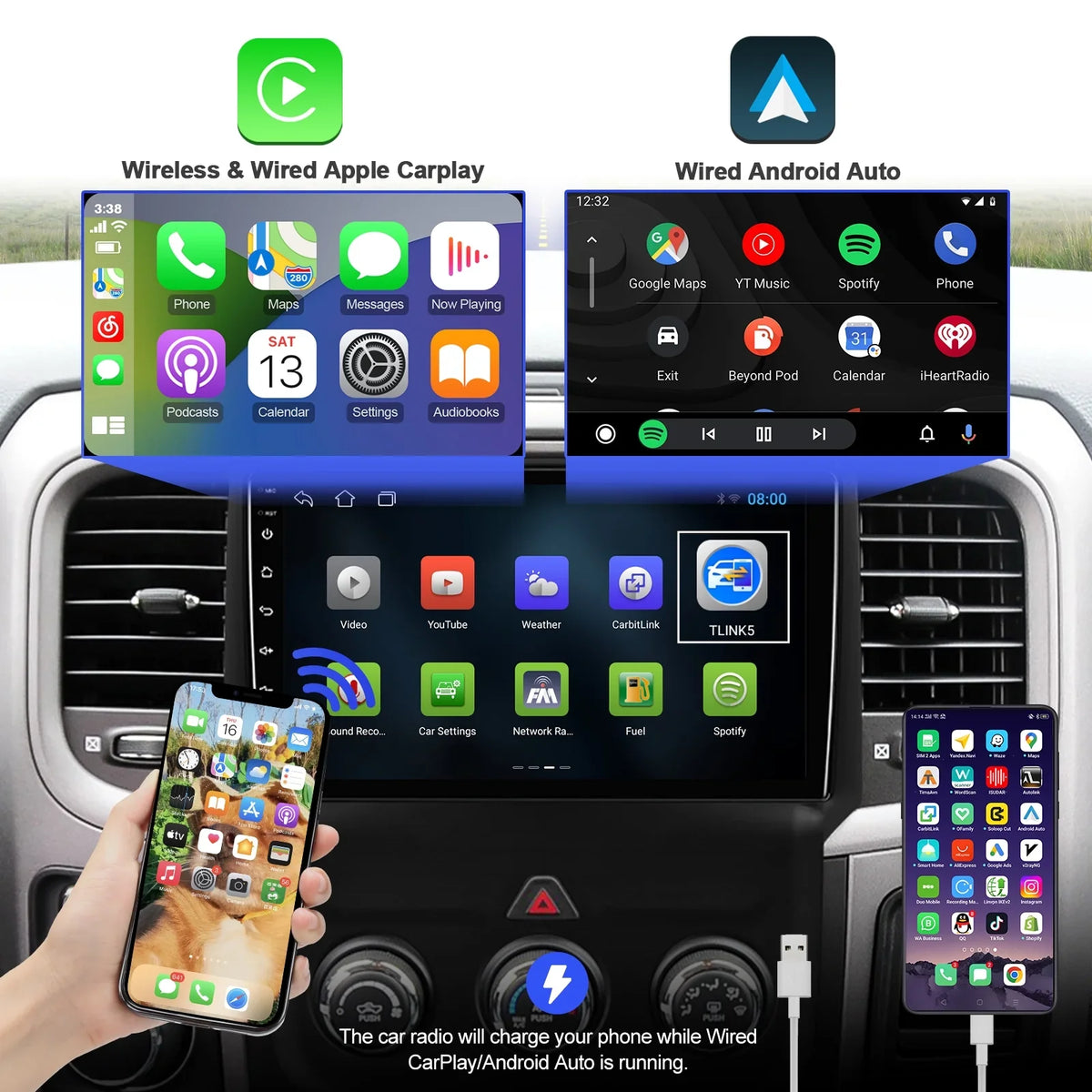 Dodge Android FM BT Touchscreen Double Screen Auto GPS Din Carplay RAM 2+32G 10 Navi 9 inches Camera Android Stereo IPS Radio Backup 1500/2500/3500 for Car Car with 2013-2018 & Support