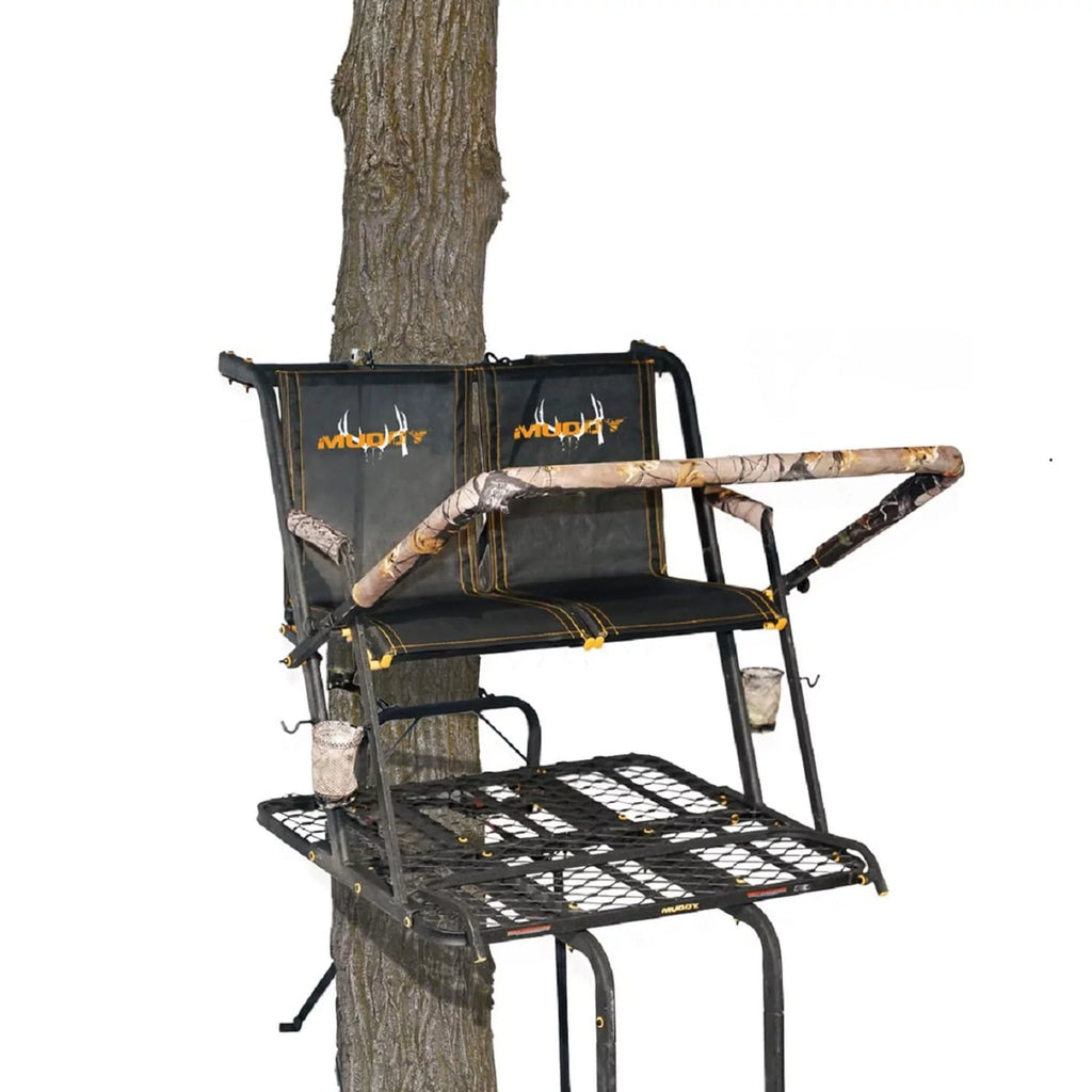 MLS2601 2 Ladder Tall Stand Hunting Tree 20 Ft Muddy Deer Nexus XTL Person
