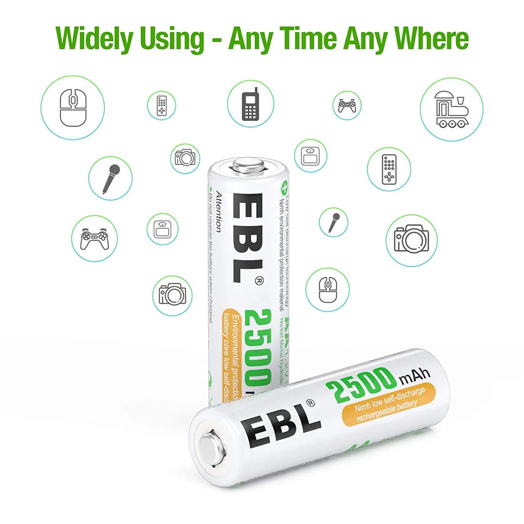 Performance Batteries - 2500mAh 1.2V 24 Pre-Charged High Batteries AA Rechargeable EBL Pack AA