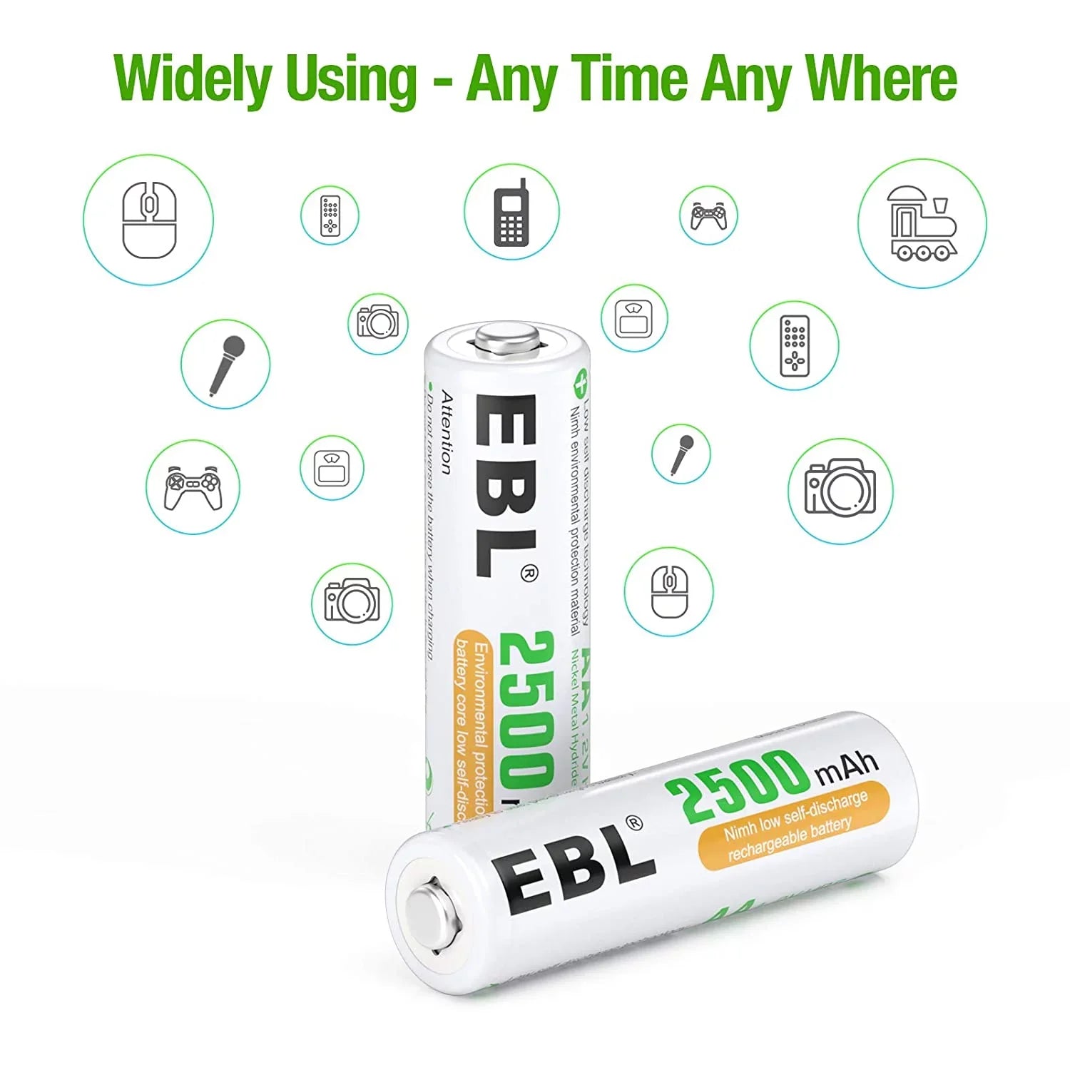 Performance Batteries - 2500mAh 1.2V 24 Pre-Charged High Batteries AA Rechargeable EBL Pack AA