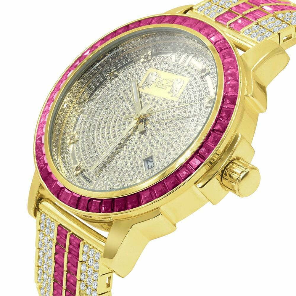 Stainless Gold Tourmaline Bezel Pink Mens Dial Watch Real Steel Tone Custom Diamond