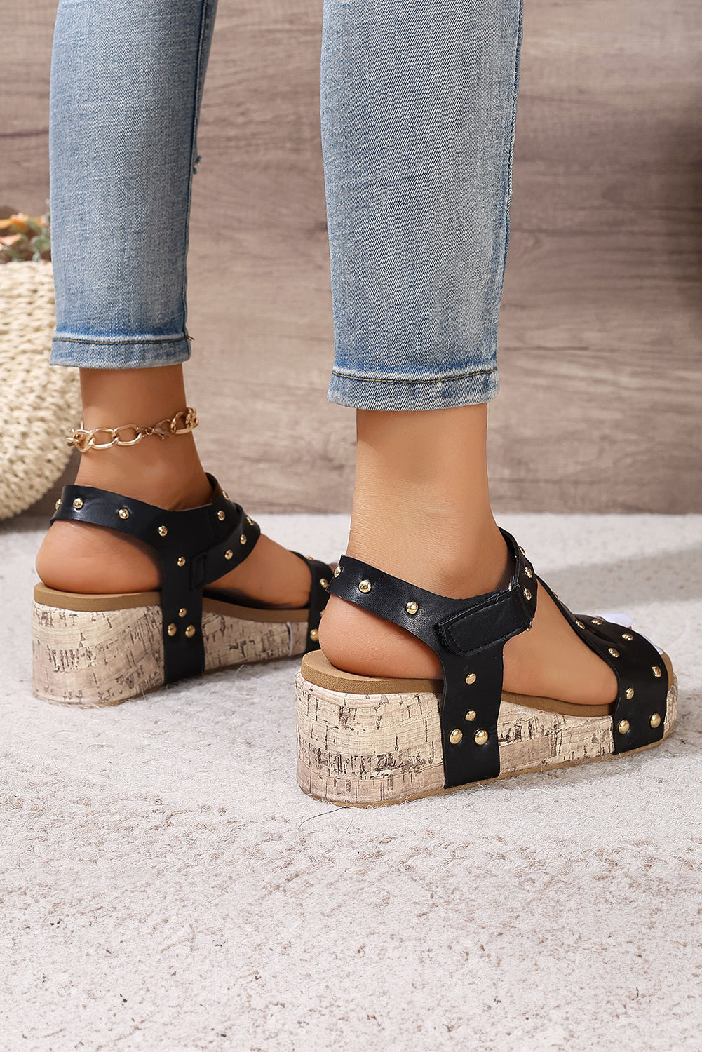 Sandals Wedge Hollow Out Black Rivet Leather