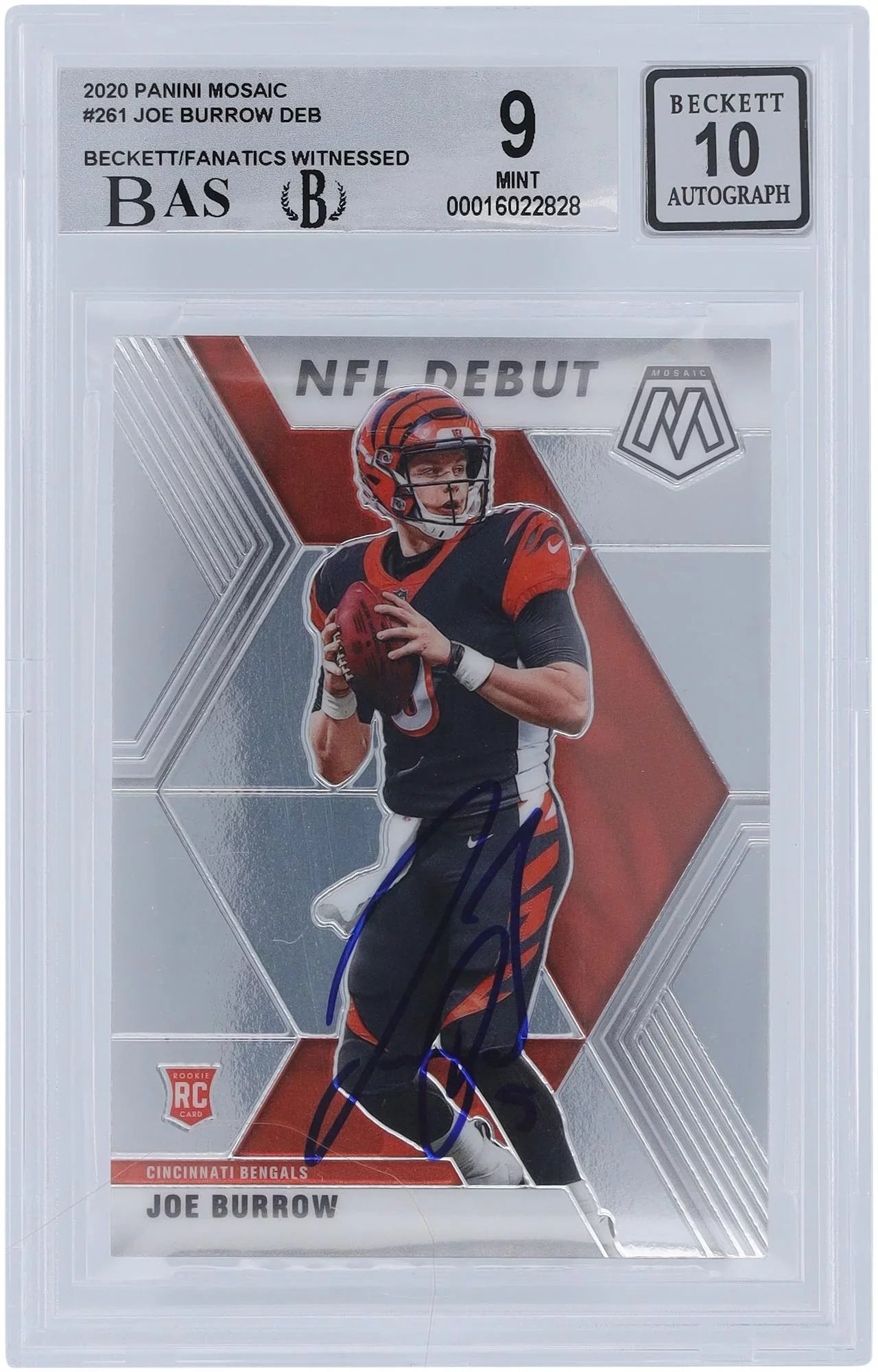 '- Bengals Beckett Fanatics Cincinnati Authenticated Rookie Subgrades Witnessed Joe #261 Panini Authentic - Fanatics 2020 9/10 9,9.5,9,8.5 Mosaic Card Burrow Certified Autographed