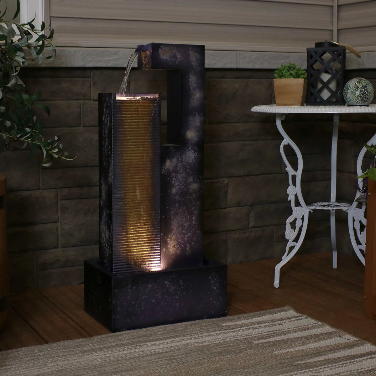 32" Tower Sunnydaze LED with Cascading Outdoor Fountain Metal Lights -