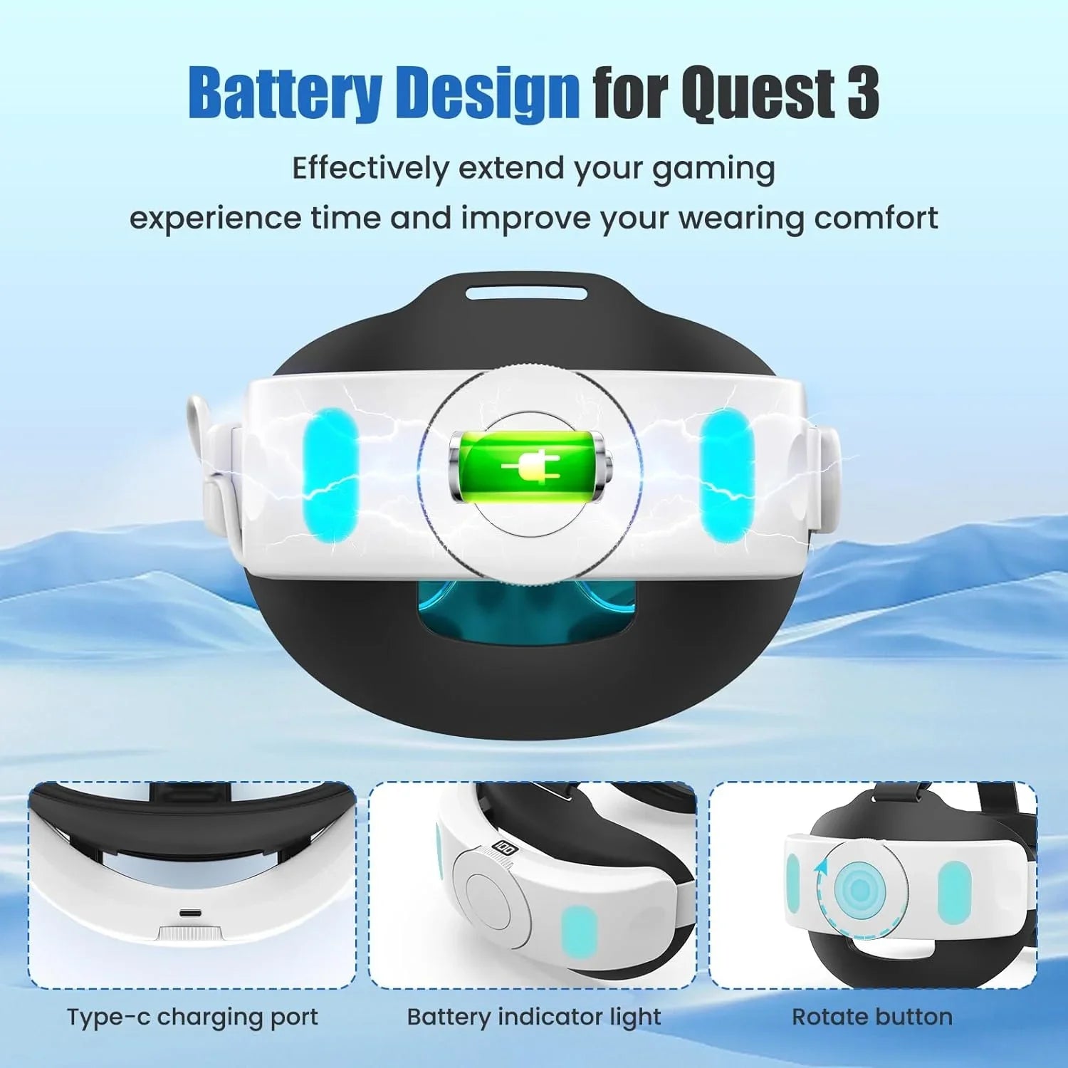 VR Extend to Adjustable Pressure & Meta Elite Reduce Quest Battery Playtime-for Quest with 5300mAh Strap, 3 Meta Accessories for Strap Pack 3, Battery Head