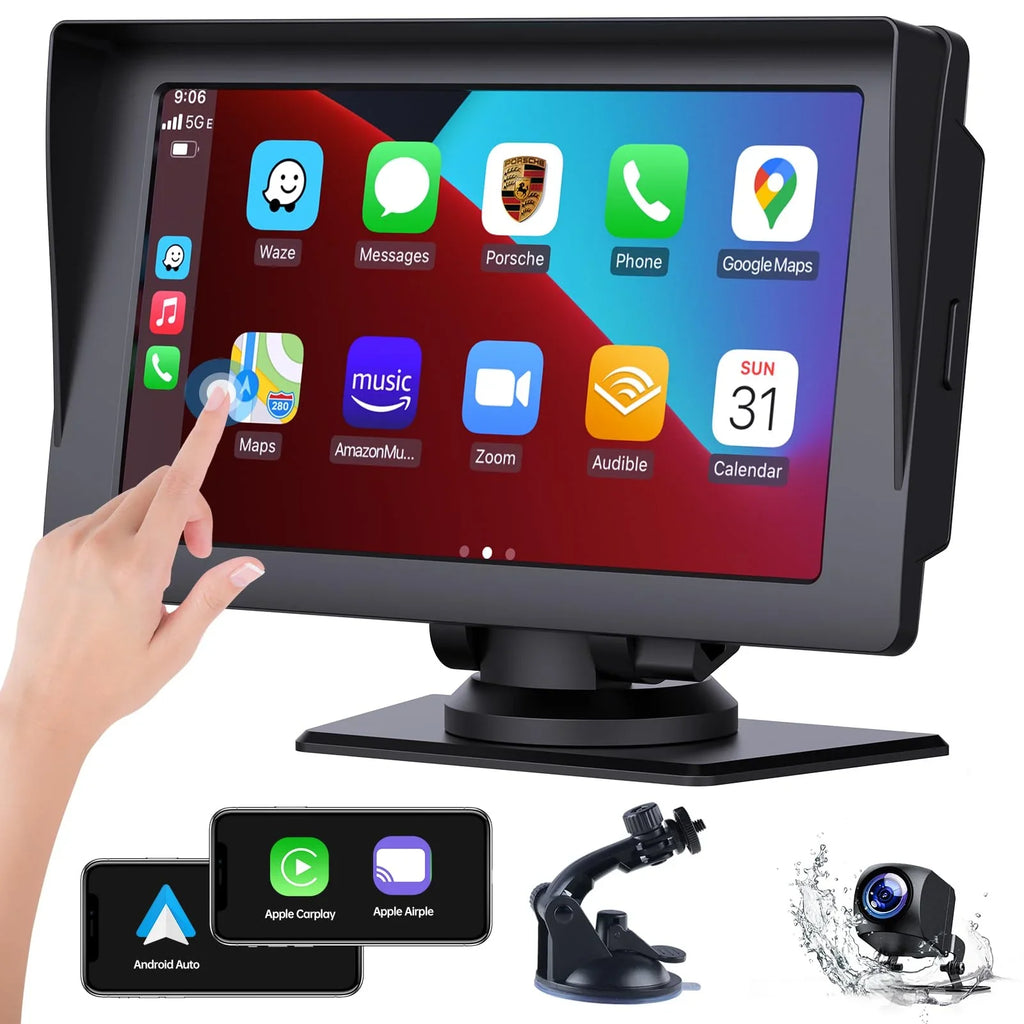 Portable Audio Camera,HD Airplay,Android Car Inch Video,Car GPS with Wireless Reverse Stereo Carplay,1080P Navigation Receivers Portable Auto,Bluetooth,FM, Siri 7 LAMTTO Apple with Car Touchscreen