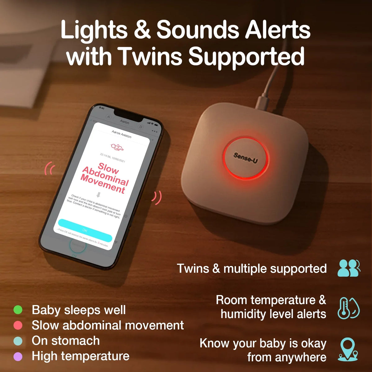 Movement Anywhere, Sense-U Movement, and Base and Position Smart on Sleeping Abdominal - Anytime, Baby's Monitor Baby Abdominal Green Tracks Humidity - Station Temperature, Smartphone Rollover,