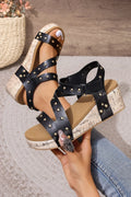 Sandals Wedge Hollow Out Black Rivet Leather
