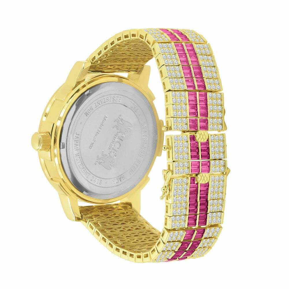 Stainless Gold Tourmaline Bezel Pink Mens Dial Watch Real Steel Tone Custom Diamond