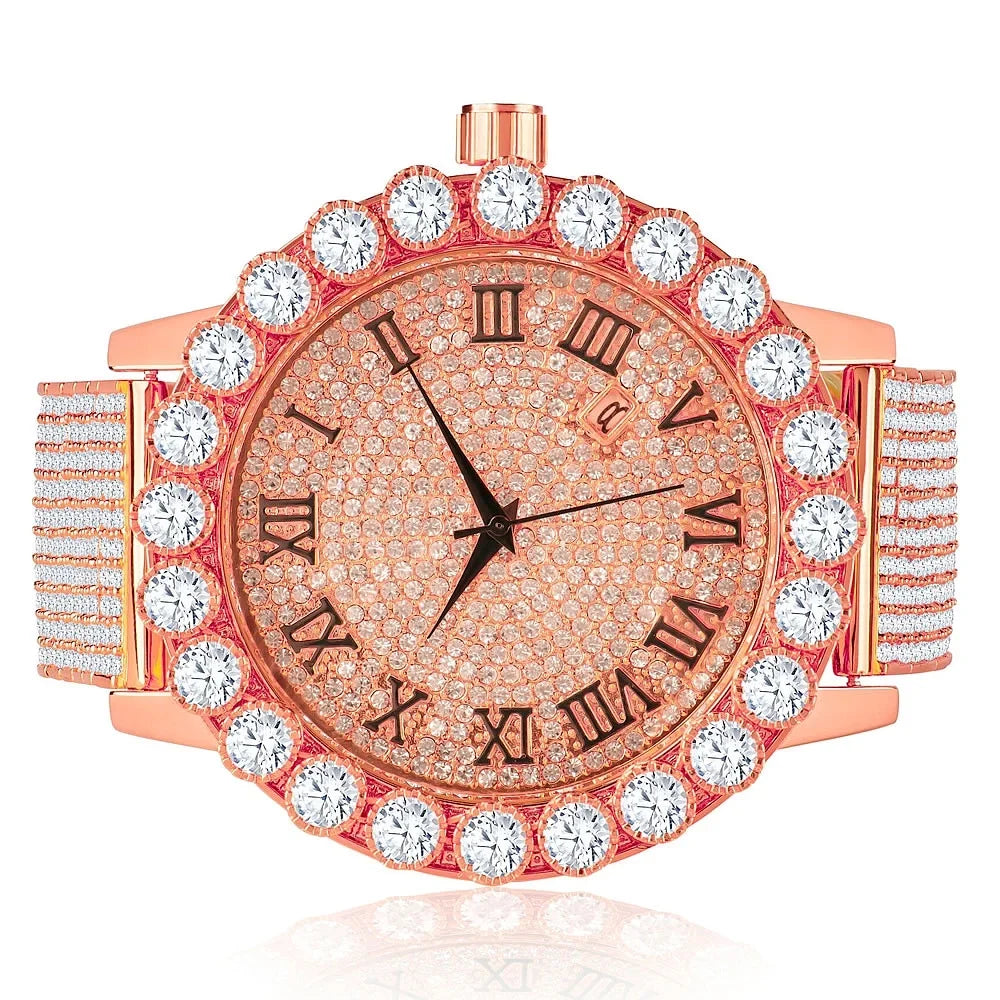Rose Stainless Custom Finish Dial Lab Diamond Steel W/Date Khronos Bezel Gold 18K Watch Iced Row Out Roman 10 Men's Band Solitaire Back