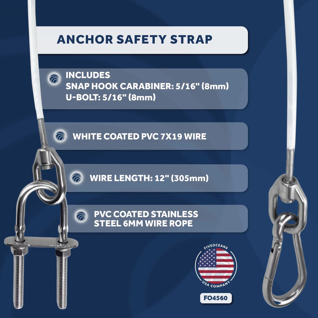'- FO4560 Five PVC Straps, Wire Safety and Oceans 5/16-Inch Steel 7x19 U-Bolt 12-Inch Snap Duty Hook Anchor Rope, Heavy Includes Stainless Coated 5/16-Inch Carabiner 6mm